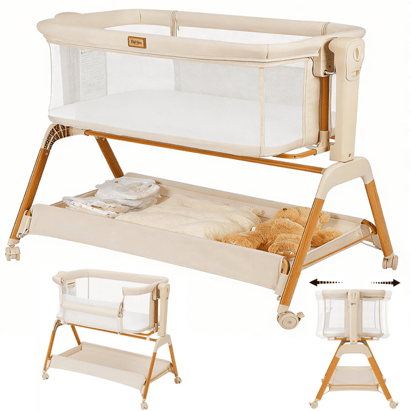 Baby Bassinet, Bobiber 3-in-1 Baby Bassinet Bedside Sleeper with Rocking and Adjustable Height, Storage Basket, Wheels, for 0-24 Months,White