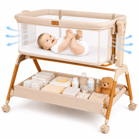 Bobiber 3-in-1 Baby Bassinet Bedside Sleeper with Rocking Mode, 6 Adjustable Heights, Wheels and Storage Basket, White