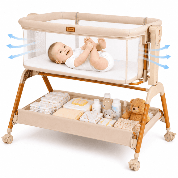 Bobiber 3-in-1 Baby Bassinet Bedside Sleeper with Rocking Mode, 6 Adjustable Heights, Wheels and Storage Basket, White