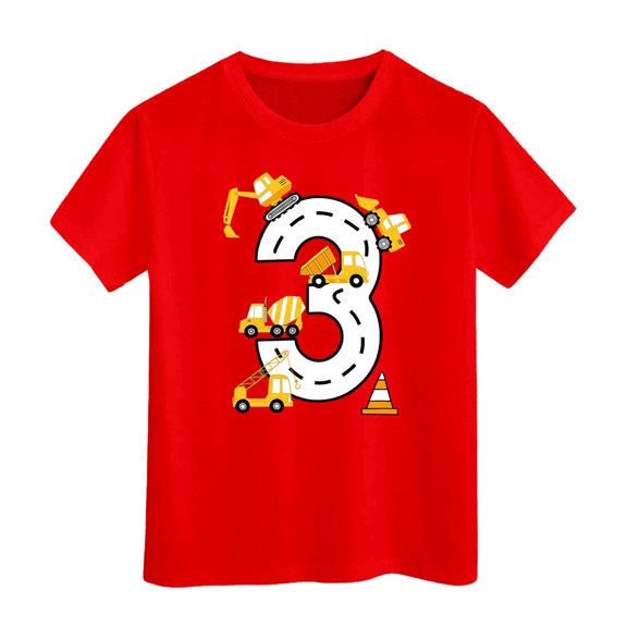 Bobifish 3rd Birthday Boy T Shirts Short Sleeve Crew Neck Construction Truck Graphic Cheerful Cute Birthday Casual Tops