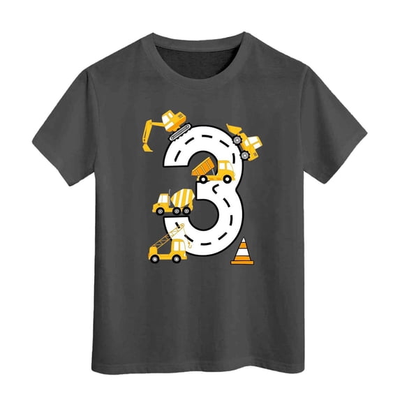Bobifish 3rd Birthday Boy T Shirts Short Sleeve Crew Neck Construction Truck Graphic Cheerful Cute Birthday Casual Tops