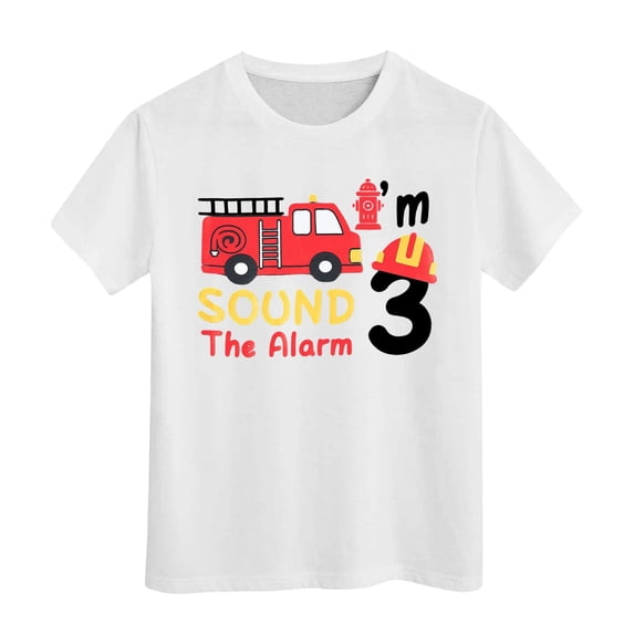 Bobifish 3rd Birthday Boy Tees Short Sleeve Crew Neck Fire Truck Graphic Fun Cheerful Birthday Party Wear T Shirts