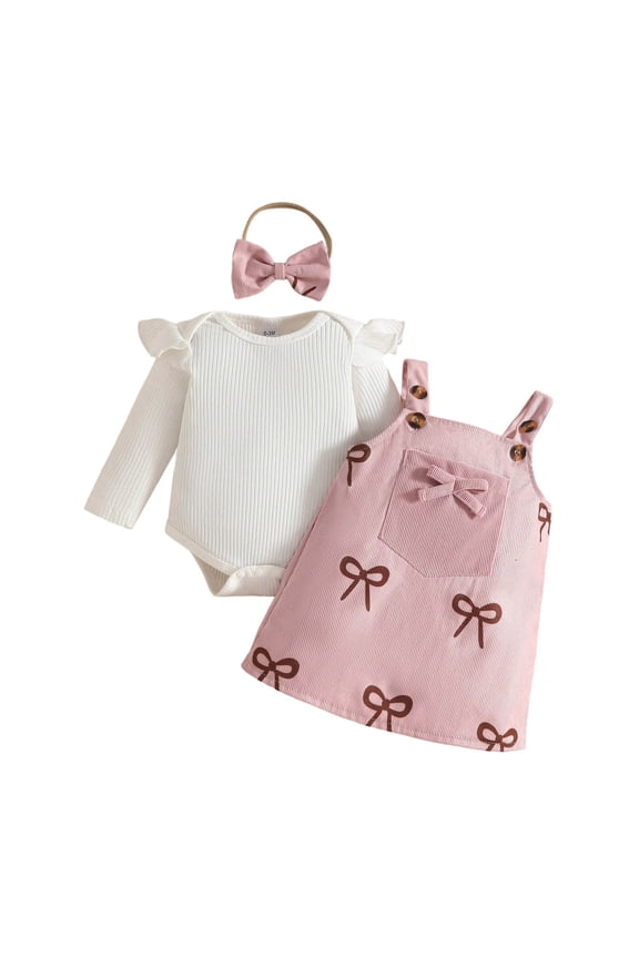 Bobifish Adorable Girls 2 Piece Outfit Winter Autumn Baby Toddler Cute Sleeveless Jumpsuit Long Sleeve Print Pinafore Dress Party Wear Sizes 1M-18M