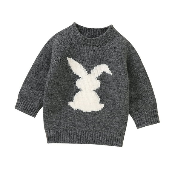 Bobifish Baby Dark Gray Crew Neck Sweater White Rabbit Silhouette Pattern Long Sleeve Warm Cute Casual Boys Girls Easter Holiday Knitted Pullover