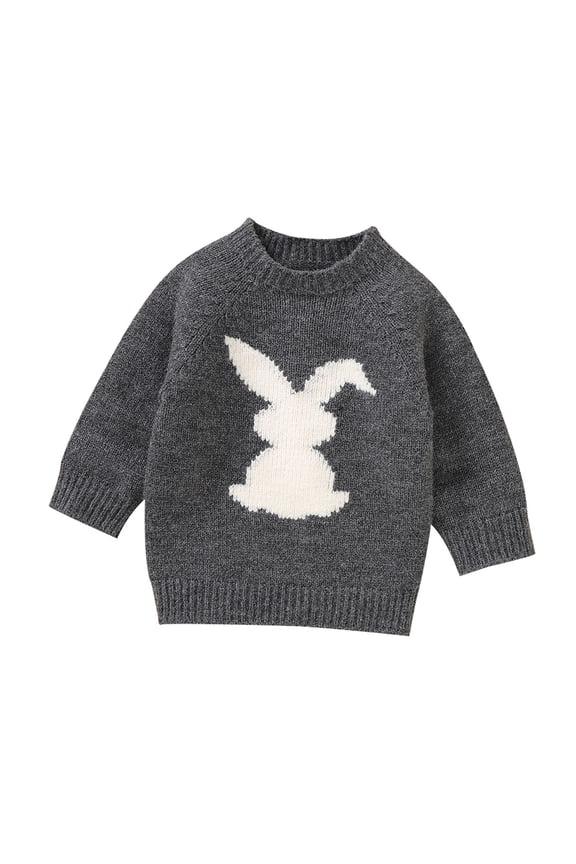 Baby Dark Gray Crew Neck Sweater White Rabbit Silhouette Pattern Long Sleeve Warm Cute Casual Boys Girls Easter Holiday Knitted Pullover