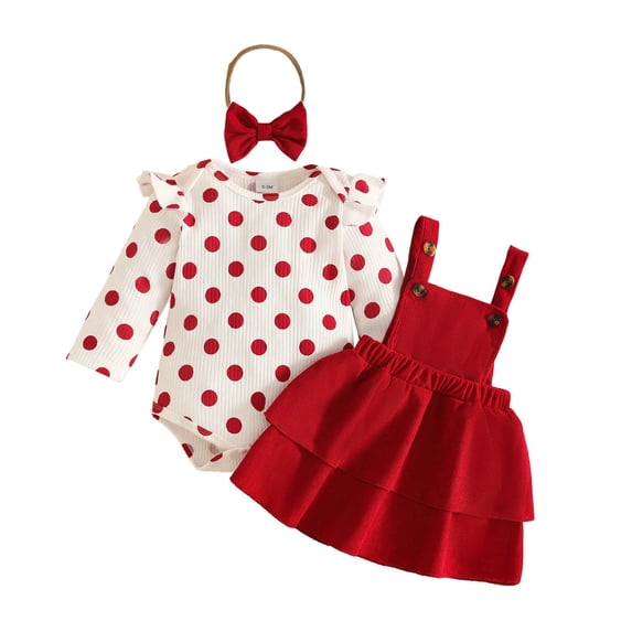 Bobifish Baby Girls Outfit Sets Casual Wear Long Sleeve Polka Dot Prints Bodysuit+Suspender Skirts+Headband Girls Sets