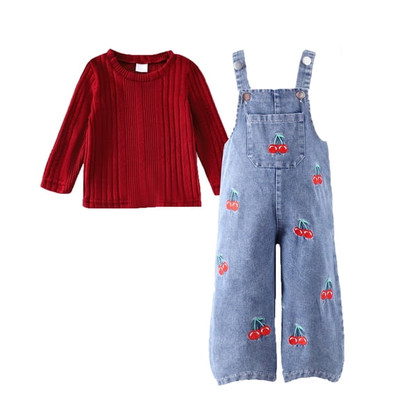 Bobifish Baby Girls Outfit Sets Cherry Embroidery Outfit Set Red Ribbed Long Sleeve Sweatshirt Denim Overalls Casual Playdate Kids Outfit
