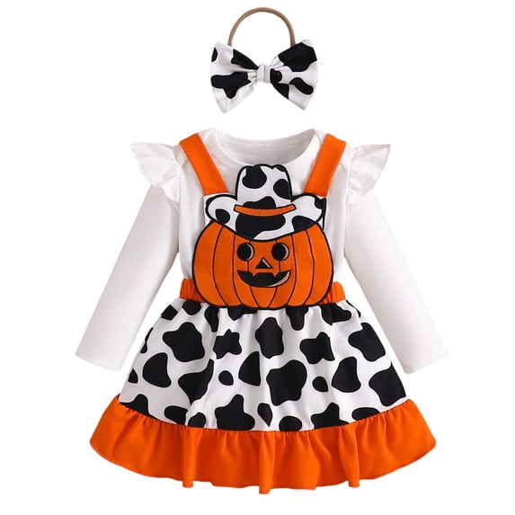Bobifish Baby Girls Sets Cow Pumpkin Print Pinafore Dress+Romper+Headband 3 PC Halloween Sets Girls Sets