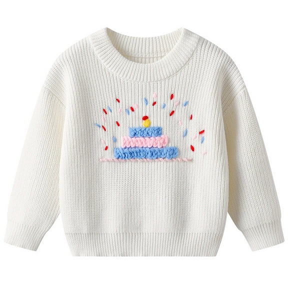 Bobifish Baby White Crew Neck Sweater Cake Pattern Applique Long Sleeve Soft Festive Birthday Celebration Cute Knitted Kids Pullover Top