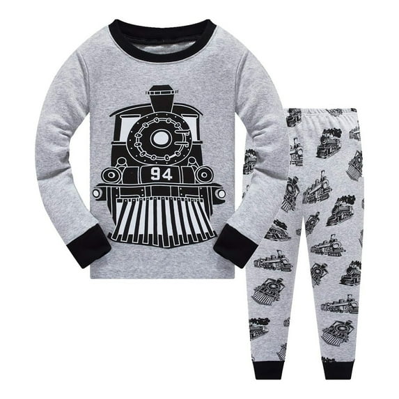 Bobifish Big Boys 2 Piece Sleepwear Set Steam Train Print Long-Sleeve Top Elastic Waist Pants Breathable Kids Wear Bedtime Relaxing Vintage Cute Outfit