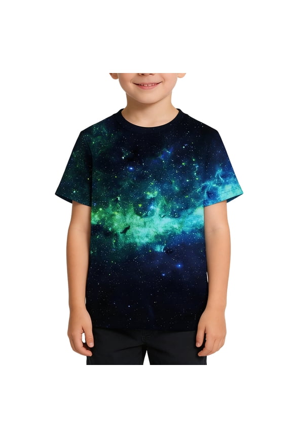 Big Boys Casual Tee Striking Short Sleeve Crew Neck Galaxy Print Standard Fit Kids Baby Tshirts Summer Eye-Catching Everyday Wear Tops