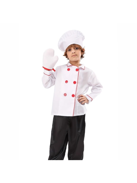 Big Boys Chef Themed Outfit Set White Chef Jacket Black Pants With Chef Hat And Oven Mitt Cooking Play Clothing, 4pc