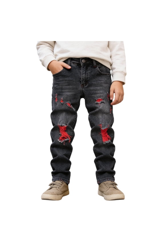 Big Boys Distressed Jeans Long Length Relaxed Fit Denim Pants With Pockets Casual Long Pants Spring Autumn Comfortable Stretch Spring Autumn Ripped Pants,Sizes 9-10Y