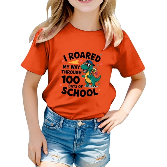 Bobifish Big Boys Girls 100 Days Of School Short Sleeve Crew Neck T Shirts Dinosaur Cartoon Print Casual 100 Days Celebration Tees