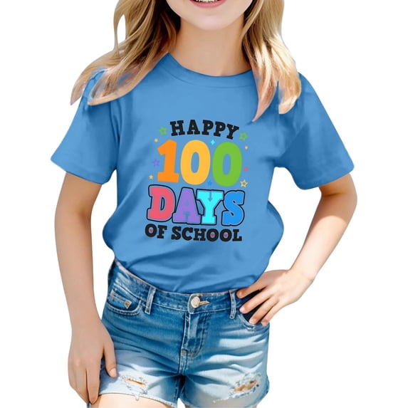Bobifish Big Boys Girls 100 Days Of School Short Sleeve Crew Neck T-Shirts Happy Colorful Letter Print 100 Days Celebration Tees