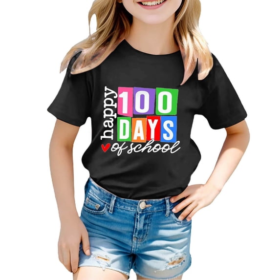 Bobifish Big Boys Girls 100 Days Of School T-Shirts Short Sleeve Crew Neck Tees Happy Block Print 100 Days Celebration T Shirts