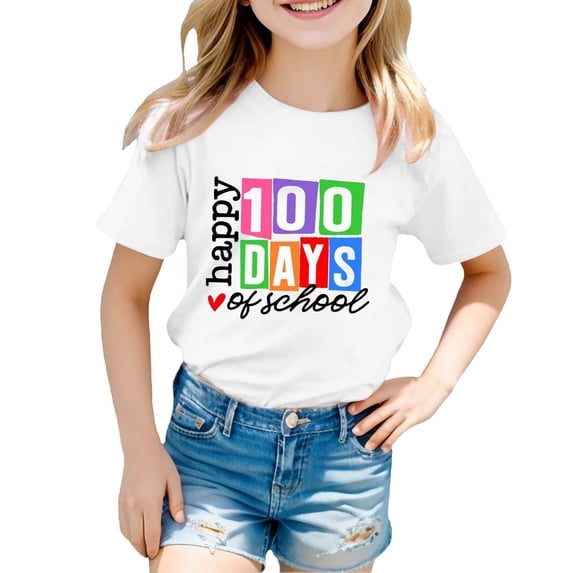 Bobifish Big Boys Girls 100 Days Of School T-Shirts Short Sleeve Crew Neck Tees Happy Block Print 100 Days Celebration T Shirts