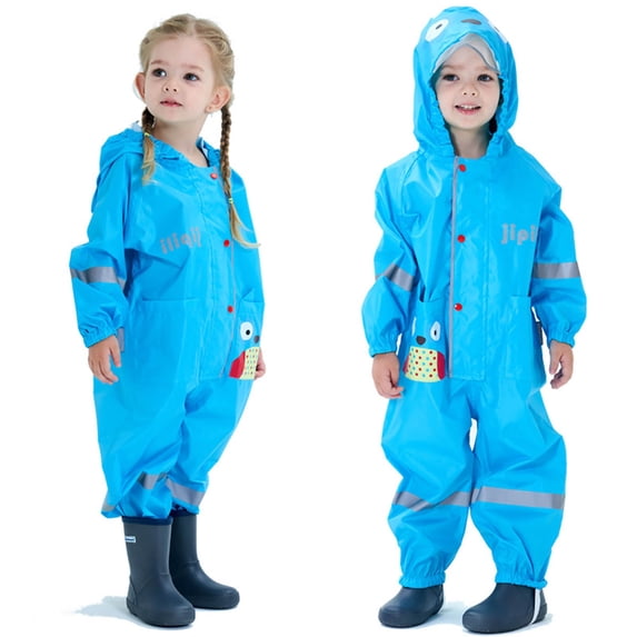 Bobifish Big Boys Girls One Piece Rain Suit Hooded Cartoon Patch Snap Front Reflective Strip Elastic Full Body Waterproof Boys Girls Rain Wear