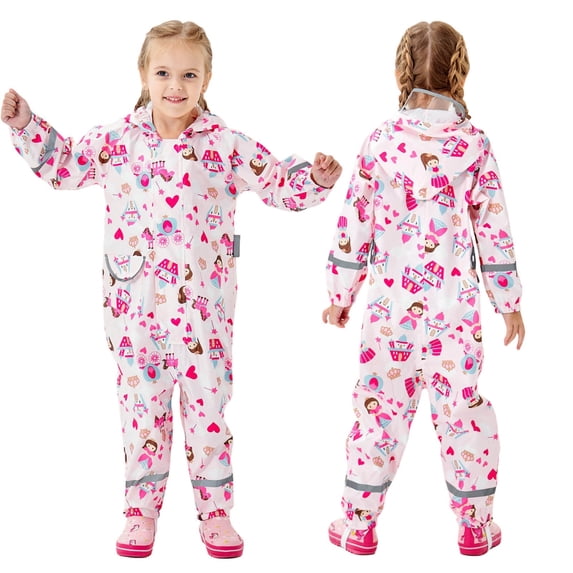 Bobifish Big Boys Girls One Piece Rain Suit Hooded Princess Castle Print Reflective Elastic Full Body Waterproof Boys Girls Rain Wear