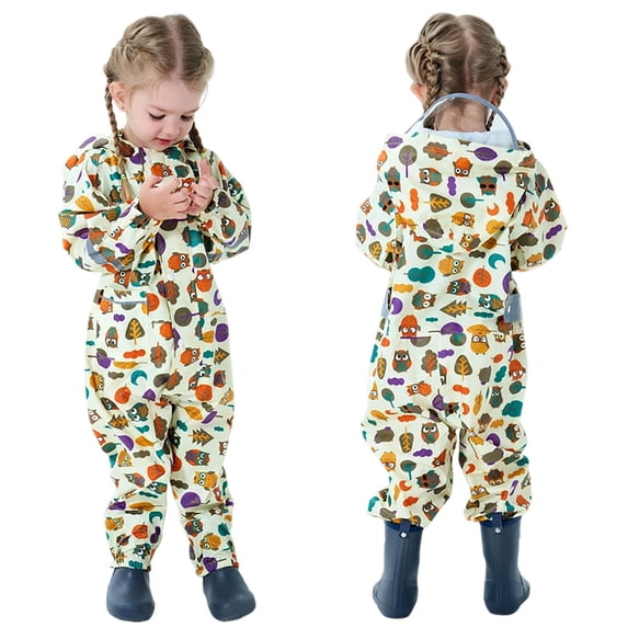 Bobifish Toddler Boys Girls One Piece Rain Suit Owl Leaf Cartoon Print Back Handle Design Elastic Waterproof Hooded Rain Coat