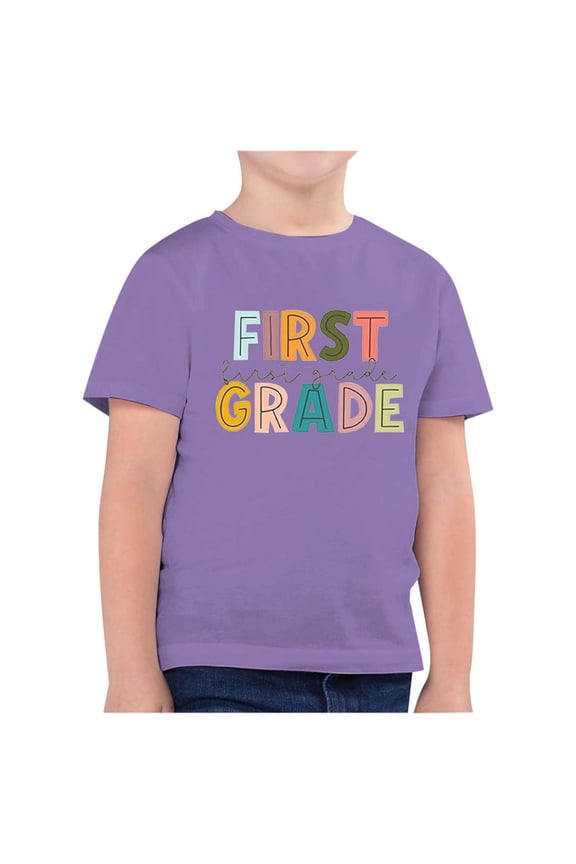 Big Boys Girls Tee Back To School First Grade Letter Print T-Shirts With Short Sleeves Cute Kid Primary School Outfit，sizes 8-9Y