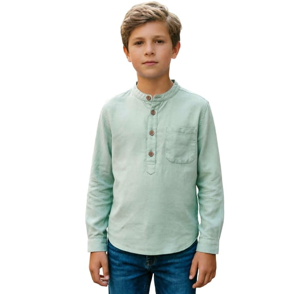 Bobifish Big Boys Henley Tee Cozy Long Sleeve Collared Standard Fit Children Pocket Tee Simple Layering Casual Wear Back To School Tee