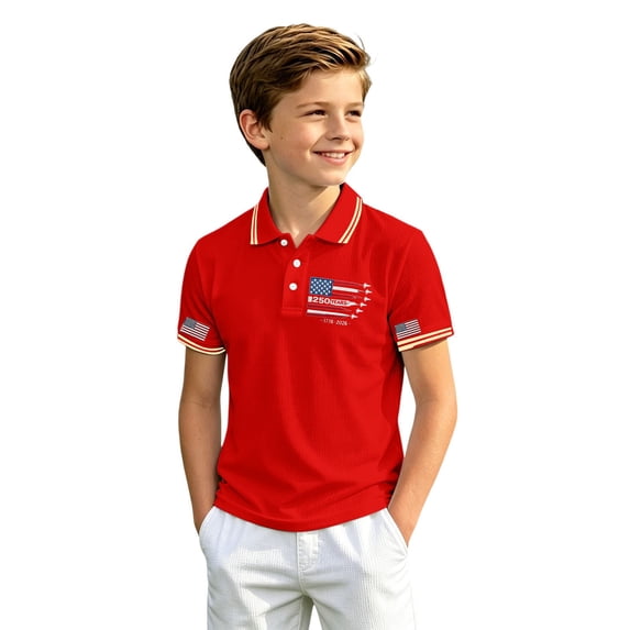Bobifish Big Boys Short Sleeve Polo Classic Collar Usa Flag Patch Graphic Print Collared Shirt