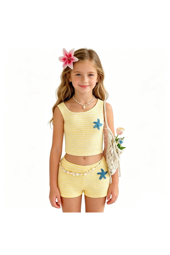 Big Girls Beach Themed Outfit Set Crochet Striped Sleeveless Crop Top And Shorts With Embroidery Summer Cute Outfit, 2pc