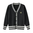 thumbnail image 1 of Bobifish Big Girls Black & White V-Neck Cardigan Sweater Stripe Trim Letter "K" Badge Detail Button Down Long Sleeve Knitted Preppy Kids Outerwear, 1 of 7