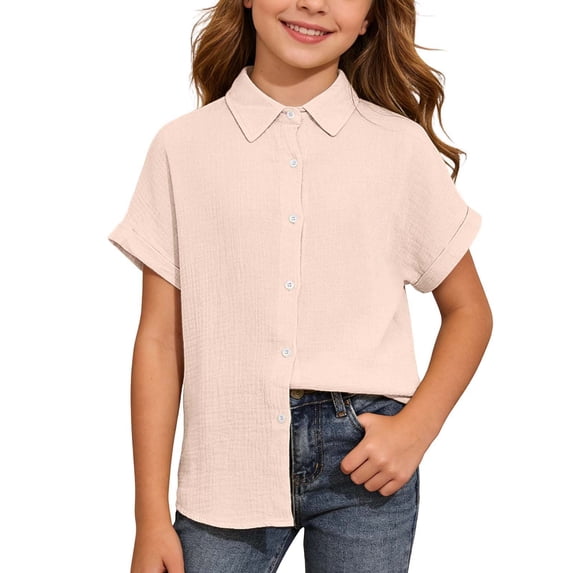 Bobifish Big Girls Button Down Shirts Short Sleeve All-Match Style Kids Summer Classic Solid Shirts Lightweight Daily Tops
