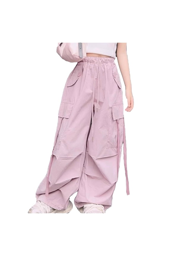 Big Girls Cargo Pants Loose Fit Wide Leg Pants With Ribbon Detail Trendy Chic Casual Daily Street Wear Trousers With Big Pockets,size 11-12Y