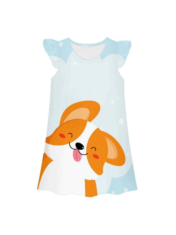 Big Girls Dress Round Neck Ruffle Cap Sleeve Straight Tank Dress Smile Corgi Printed Bedtime Loungewear Sleepdress