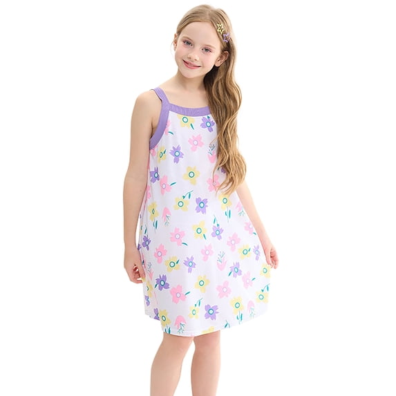 Bobifish Big Girls Dress Soft Bloom Square Neck Strap Sleeveless Sleepdress Home Dress Soft Sleepdress