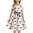 thumbnail image 1 of Bobifish Big Girls Dresses Short Sleeve Ghost Bat Floral Mixed Print Waist Tie Halloween Indoor Parties Casual Holiday Events Party Dress, 1 of 5