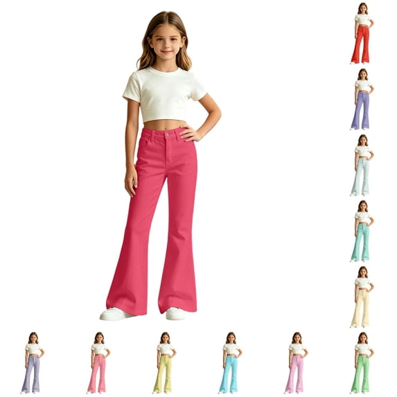 Bobifish Big Girls Flared Pants Solid Color With Dual Pockets Stretch ...