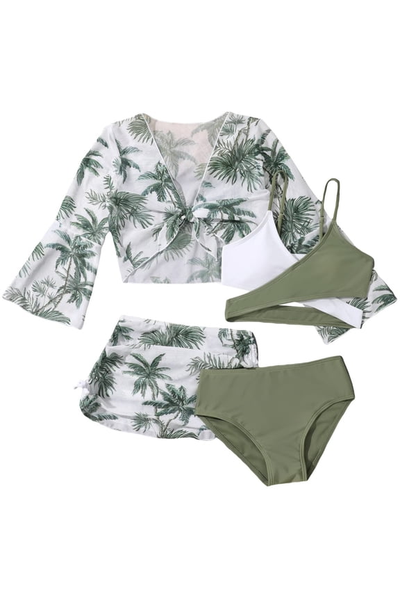 Bobifish Big Girls Four Piece Bikini Swimsuit High Waist Girls Holiday Pool Swimwear,sized 11-12Y