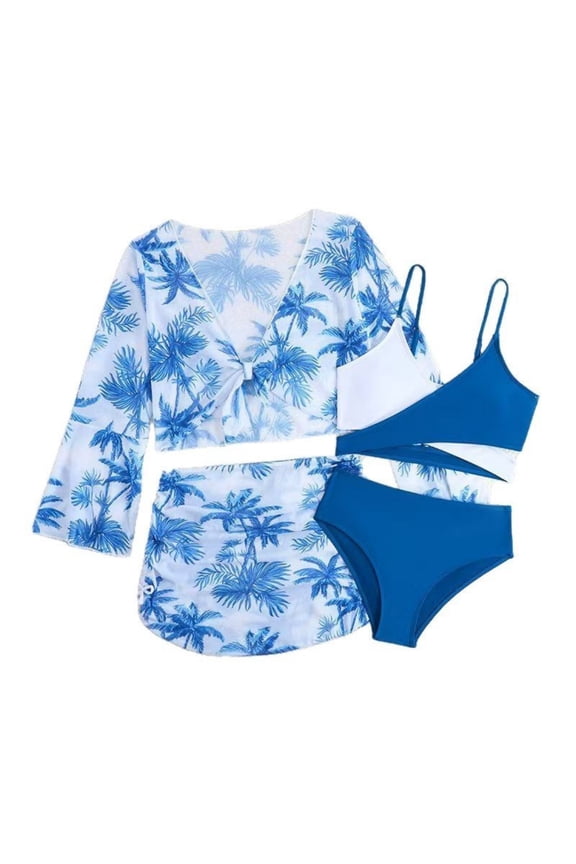 Bobifish Big Girls Four Piece Bikini Swimsuit High Waist Girls Holiday Pool Swimwearï¼sized 9-10Y