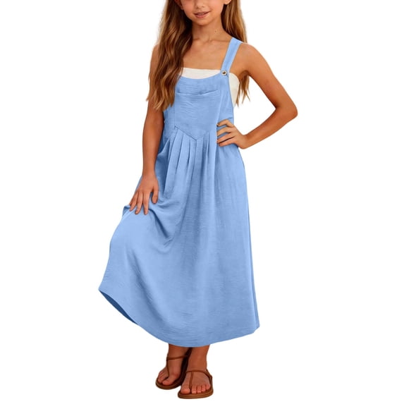 Bobifish Big Girls Maxi Dresses Square Neck Overall Style Sleeveless Button Strap Crinkled Waist A-Line Maxi Dresses With Pocket