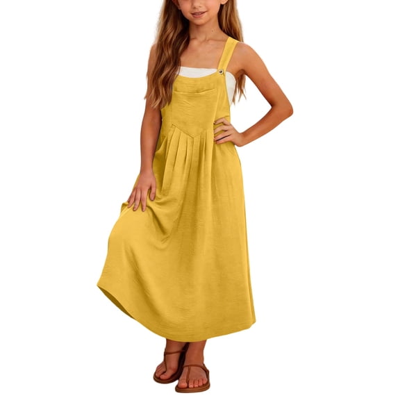 Bobifish Big Girls Maxi Dresses Square Neck Overall Style Sleeveless Button Strap Crinkled Waist A-Line Maxi Dresses With Pocket