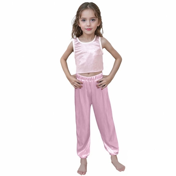 Bobifish Big Girls Outfit Sets Shiny Sleeveless Crop Top And Pants Set Elastic Waist Baggy Pants Casual Party Performance Carnival Stylish Kids Outfit