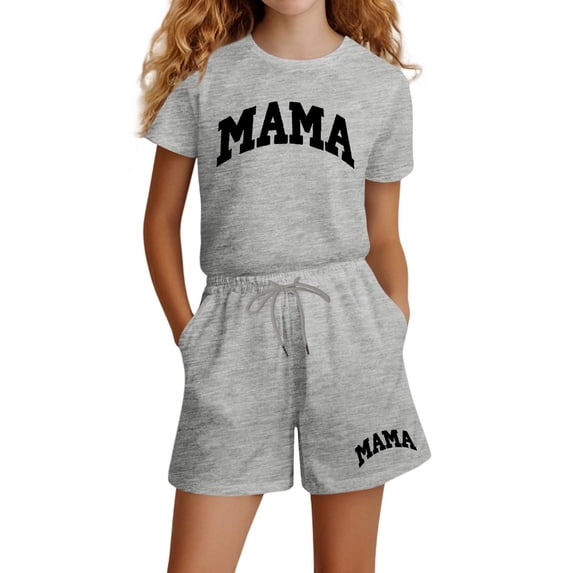 Bobifish Big Girls Outfit Sets Summer Short Sleeve Top MAMA Letter Print Elastic Waist Pocket Shorts 2 Piece Sets