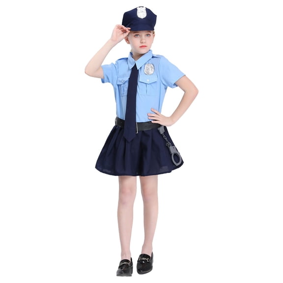 Bobifish Big Girls Police Officer Cosplay Outfit Set 5 Pieces Cute Game Role Play Police Uniform Stage Performance Dress Up Outfit Set ,sizes 8-10Y