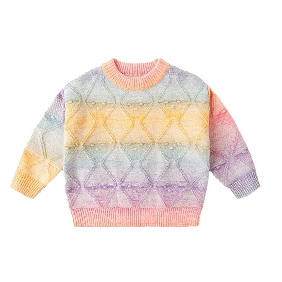 Bobifish Big Girls Rainbow Gradient Crew Neck Sweater Diamond Cable Knit Pattern Sweater Long Sleeve Soft Knitted Colorful Casual Spring Kids Pullover