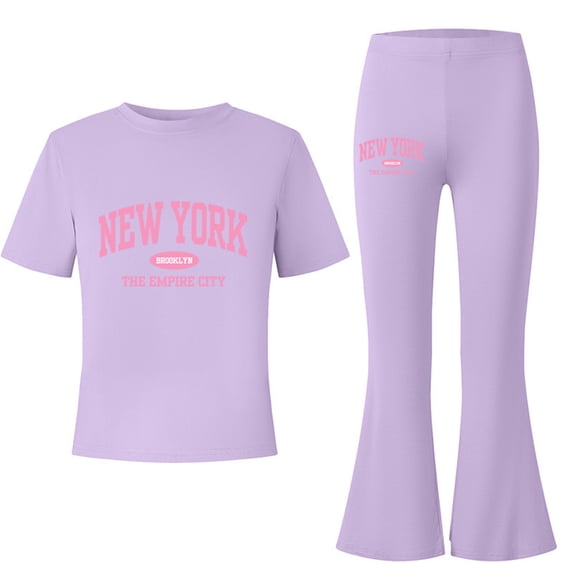 Bobifish Big Girls Sets Letter Print Short Sleeve Tee Flare Pants Sets 2 Piece Children Girls School Days Sets