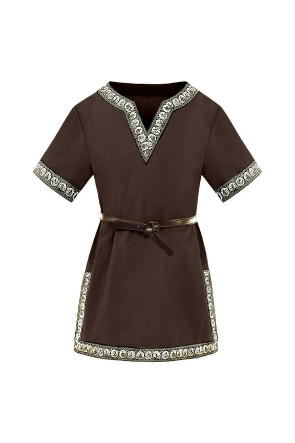 Big Girls Shirts Medieval Style Vintage V Neck Mid Long Length Tee Tops Short Sleeve Retro Festival Party Costume Dress Up Wear,Size 8-9Y