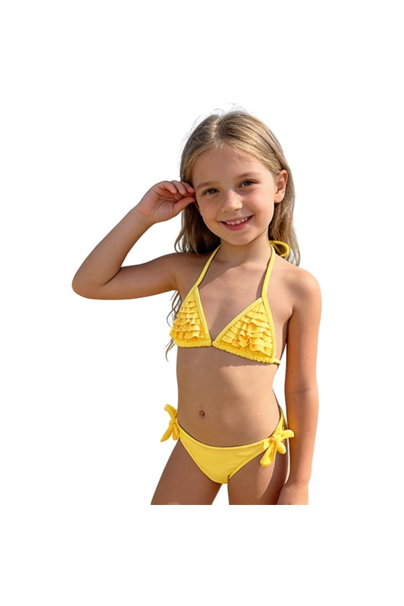 Big Girls Swimsuit Halter Neck Triangle Ruffled Bikini Top With Side Tie Brief Breathable Beach Swim Set, 2 Piece