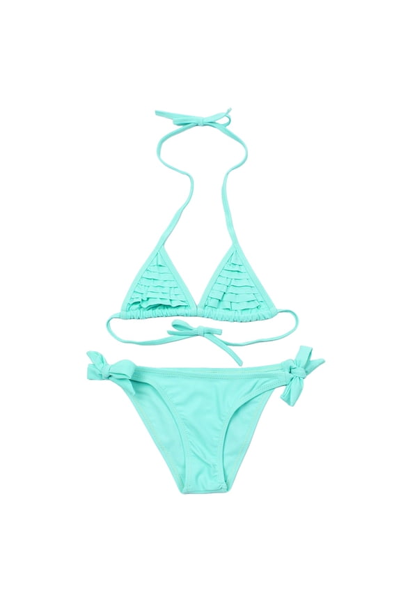 Big Girls Swimsuit Halter Neck Triangle Ruffled Bikini Top With Side Tie Brief Breathable Beach Swim Set, 2 Piece
