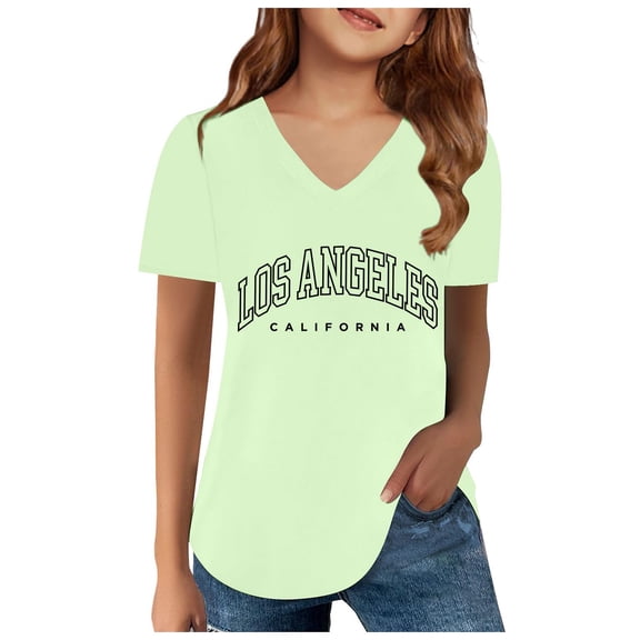 Bobifish Big Girls Tee Los Angeles Letter Print V Neck T-Shirt Classic Style Kid Summer Lightweight Daily Casual Tshirt,sizes 10-11Y