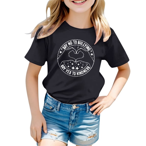 Bobifish Big Girls Tees Short Sleeve Crew Neck Anti Bullying Letter T-Shirts Kid Child Girl Summer Casual T Shirts