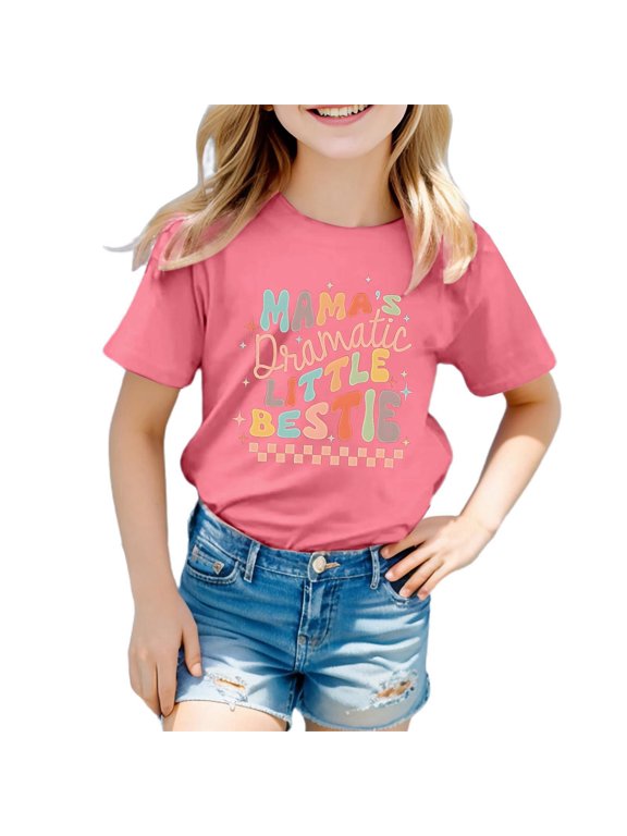 Big Girls Tees Short Sleeve Crew Neck Mama'S Bestie Quote T-Shirts Kid Child Girl Summer Casual T Shirts